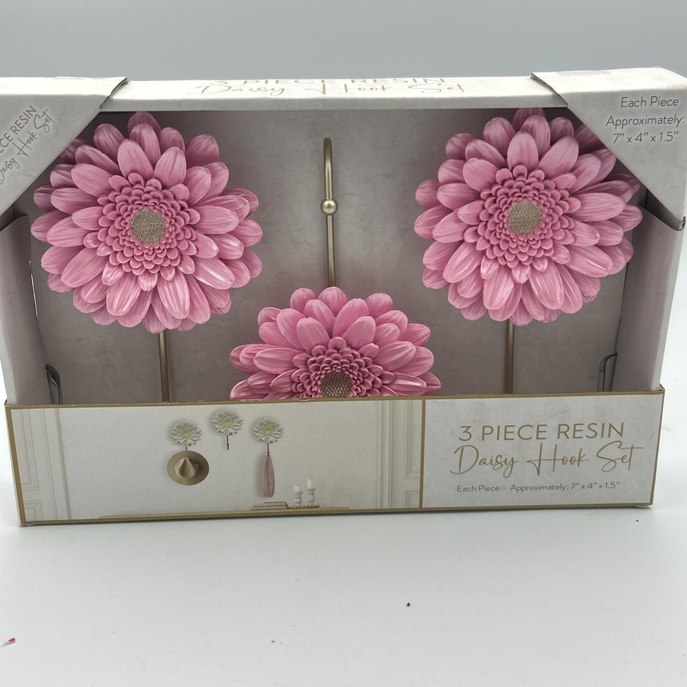 Pink Floral Daisy Wall Hooksโ Pink Set Of 3 Gold Hooks 7x4"